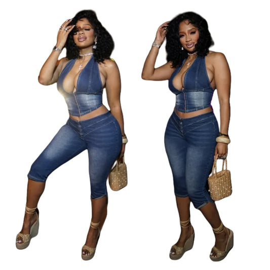 Casual 2 Pieces Sets Women Denim Short Sets