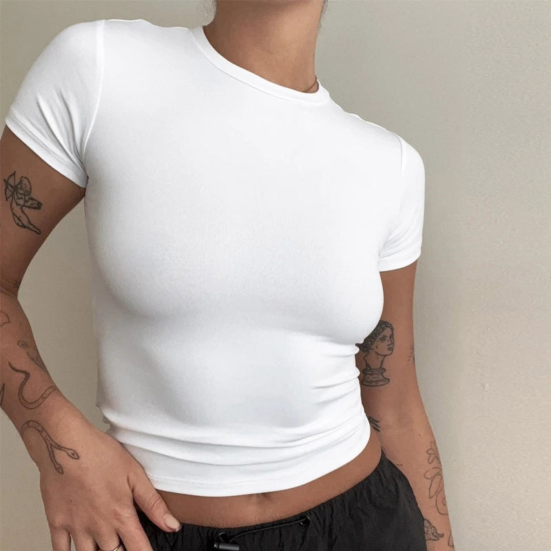 New Women Clothing Short Sleeve T-shirt Slim Fit Tops Y2K Female O-Neck Knitted Sheath Tee Shirt Street Wear Sex Sporty