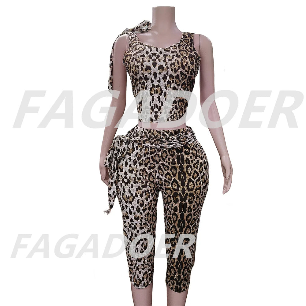 Sexy Leopard Print 2 Piece Sets Sleeveless Crop Top + Pants Suit Streetwear 2025