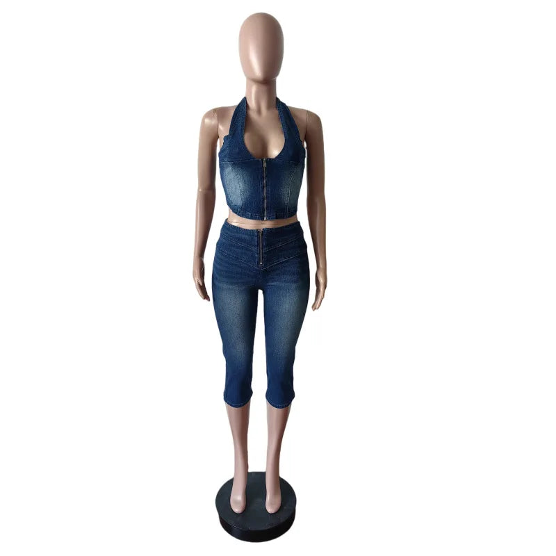 Casual 2 Pieces Sets Women Denim Short Sets