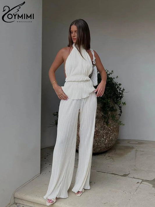 Sexy White Pleated 2 Piece Sets Fashion Sleeveless Backless Tank Top with High Waist Pants Set