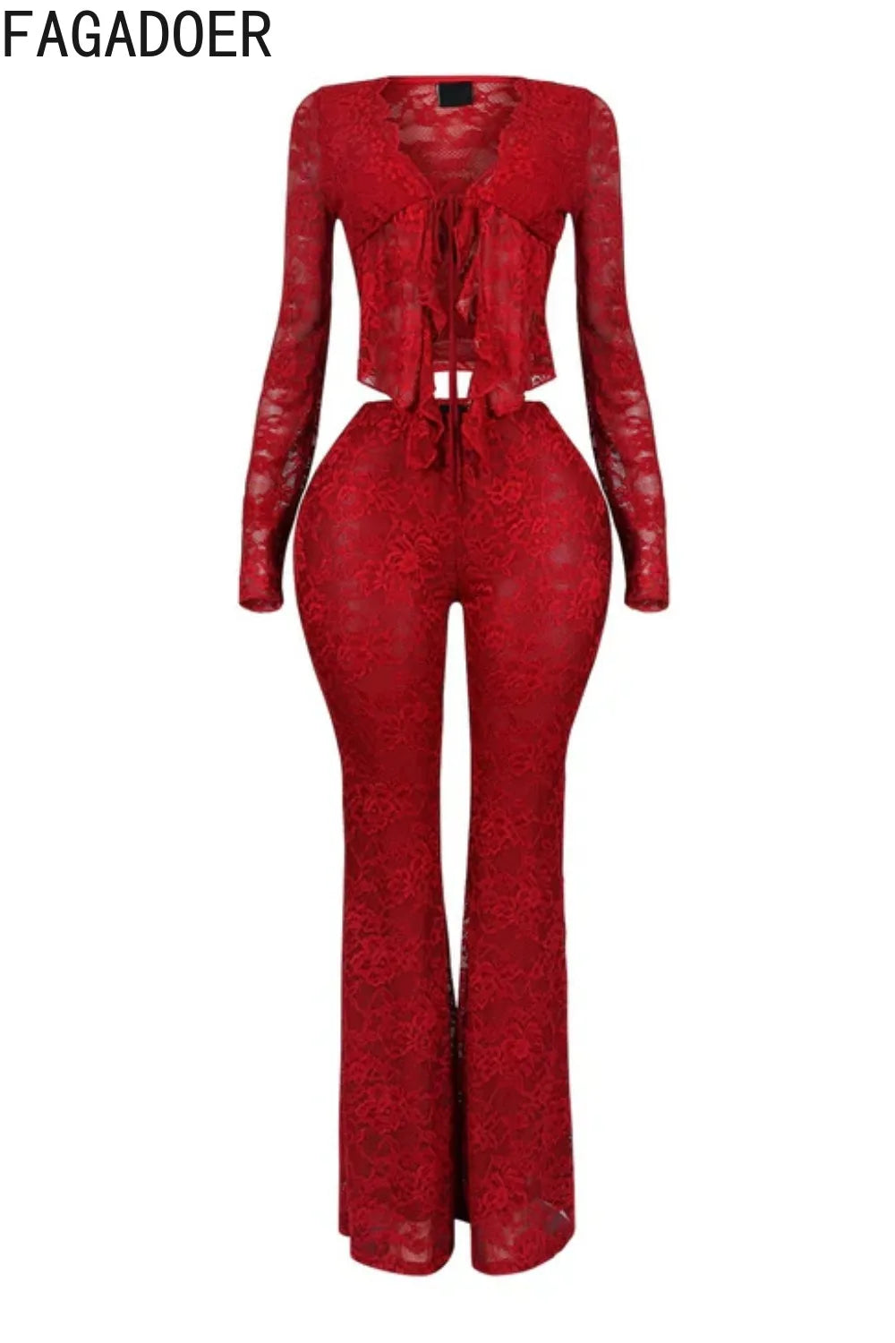 Long Sleeve Lace Up Crop Top + Bodycon Pants Suits Female Streetwear New