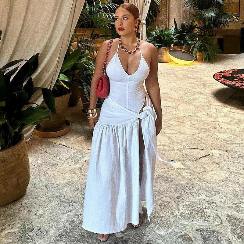 2 Piece Set Female V-Neck Jumpsuit Outfits Sexy skirt Sets Lace-Up Pleated High Waist For Women White Bandage 2024 two piece