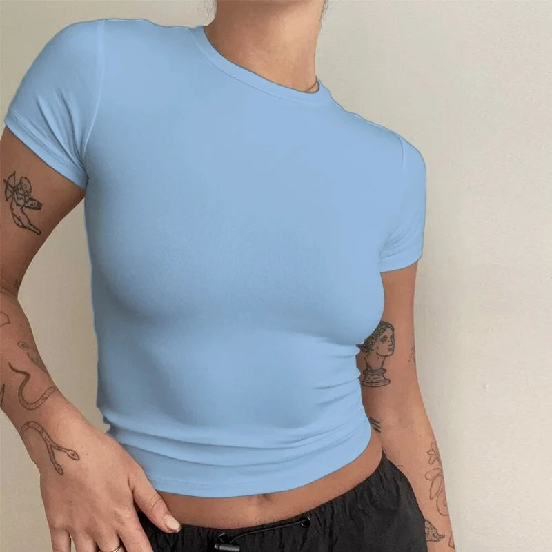 New Women Clothing Short Sleeve T-shirt Slim Fit Tops Y2K Female O-Neck Knitted Sheath Tee Shirt Street Wear Sex Sporty