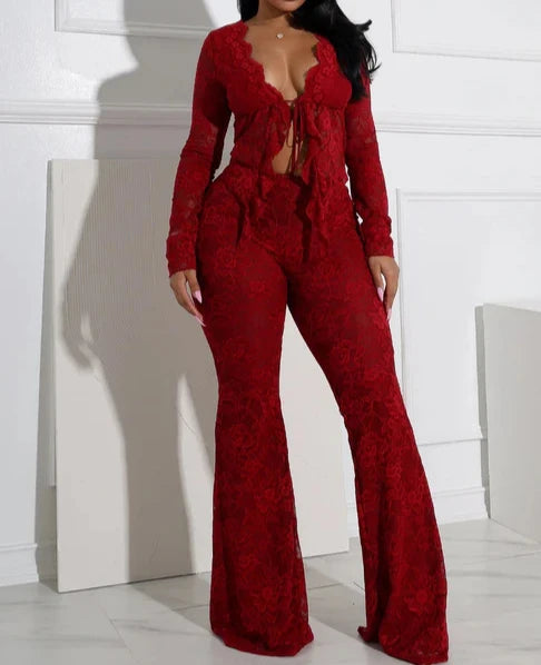 Long Sleeve Lace Up Crop Top + Bodycon Pants Suits Female Streetwear New