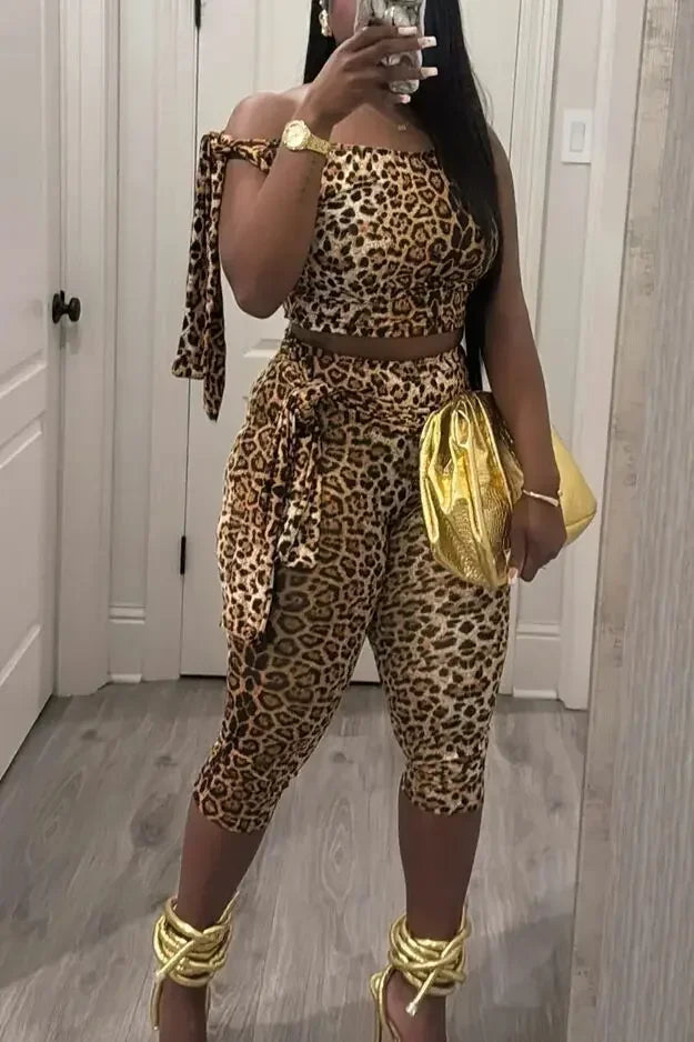 Sexy Leopard Print 2 Piece Sets Sleeveless Crop Top + Pants Suit Streetwear 2025